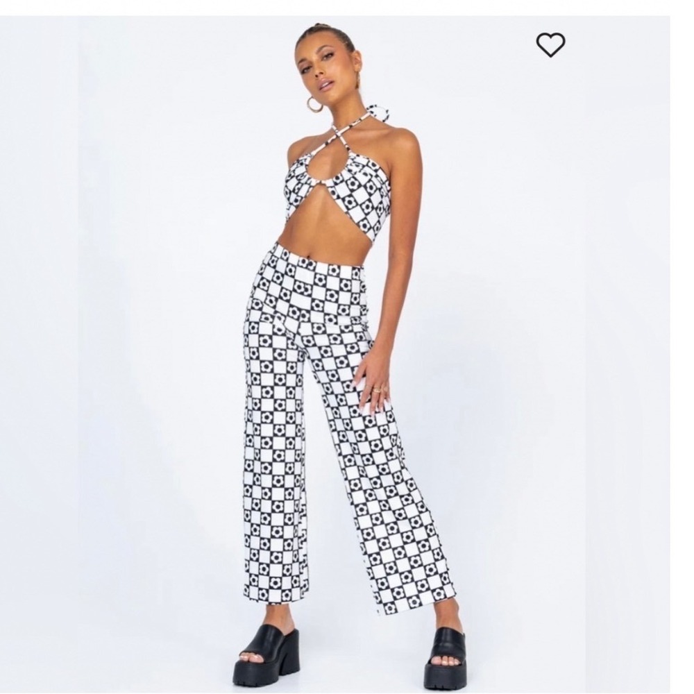 Princess Polly Black White Checkered Floral Halter Top & Wide Leg Pants Set 8